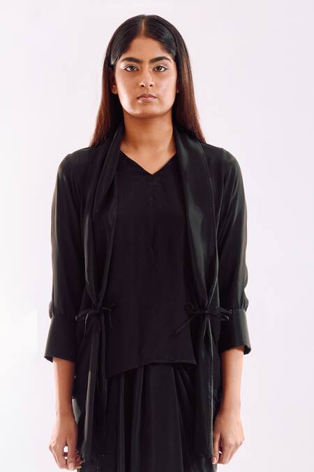 Notsosure Black Georgette, Satin V-neck Side Tie Coord Set at Aza Fashions Notsosure_Black Georgette, Satin V-neck Side Tie Coord Set _at_Aza_Fashions