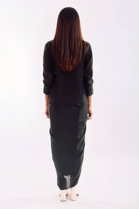 Shop Notsosure Black Georgette, Satin V-neck Side Tie Coord Set at Aza Fashions Shop_Notsosure_Black Georgette, Satin V-neck Side Tie Coord Set _at_Aza_Fashions