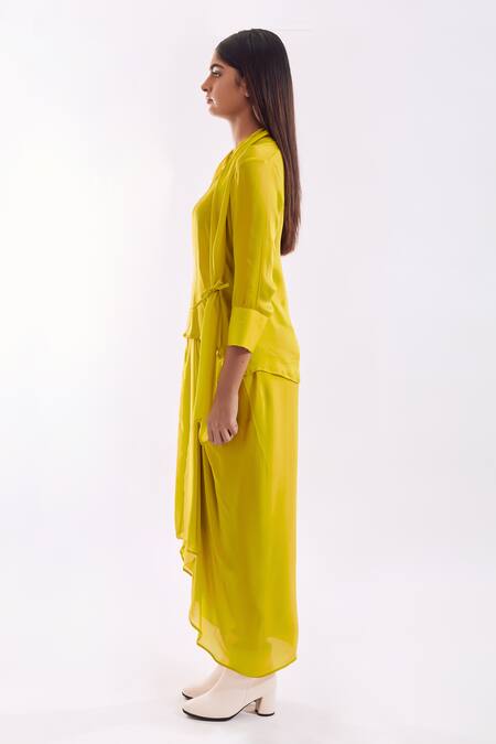 Notsosure Green Georgette, Satin Round Neck Side Tie Coord Skirt Set Online at Aza Fashions Notsosure_Green Georgette, Satin Round Neck Side Tie Coord Skirt Set _Online_at_Aza_Fashions