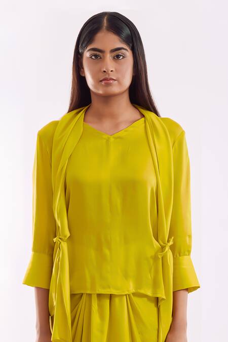 Notsosure Green Georgette, Satin Round Neck Side Tie Coord Skirt Set at Aza Fashions Notsosure_Green Georgette, Satin Round Neck Side Tie Coord Skirt Set _at_Aza_Fashions