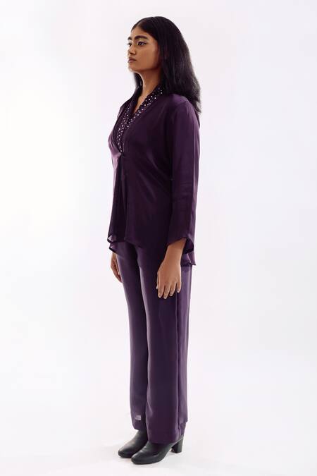 Notsosure_Purple Georgette, Satin Embroidery V-neck Button Down Coord Pant Set _Online_at_Aza_Fashions