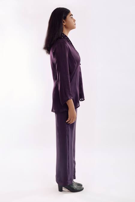 Buy_Notsosure_Purple Georgette, Satin Embroidery V-neck Button Down Coord Pant Set _Online_at_Aza_Fashions