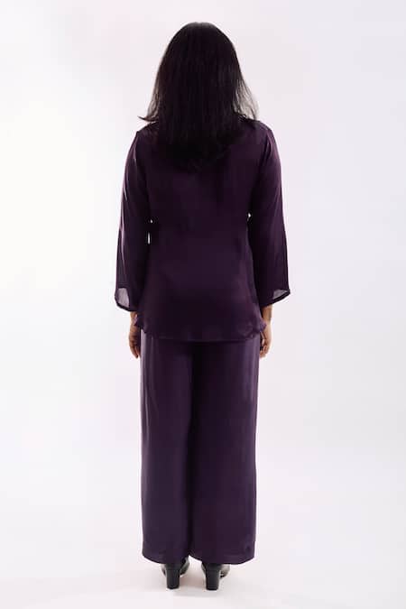 Shop_Notsosure_Purple Georgette, Satin Embroidery V-neck Button Down Coord Pant Set _at_Aza_Fashions