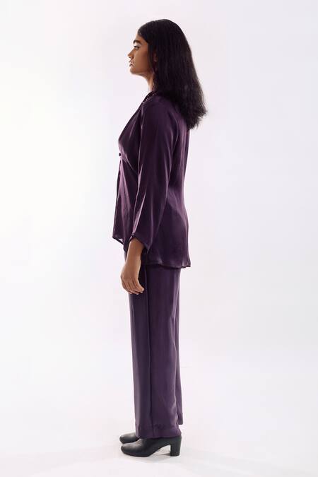 Shop_Notsosure_Purple Georgette, Satin Embroidery V-neck Button Down Coord Pant Set _Online_at_Aza_Fashions
