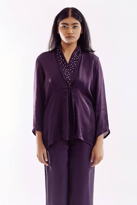 Notsosure_Purple Georgette, Satin Embroidery V-neck Button Down Coord Pant Set _at_Aza_Fashions