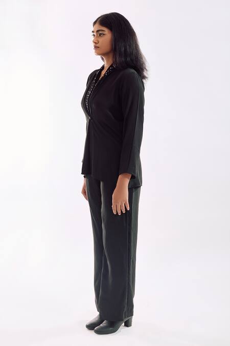 Notsosure Black Georgette, Satin Embroidery Open Neck Button Down Coord Pant Set Online at Aza Fashions Notsosure_Black Georgette, Satin Embroidery Open Neck Button Down Coord Pant Set _Online_at_Aza_Fashions
