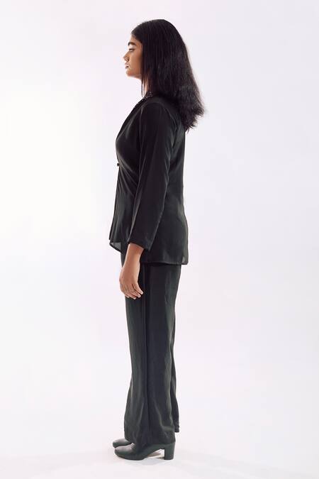 Buy Notsosure Black Georgette, Satin Embroidery Open Neck Button Down Coord Pant Set Online at Aza Fashions Buy_Notsosure_Black Georgette, Satin Embroidery Open Neck Button Down Coord Pant Set _Online_at_Aza_Fashions