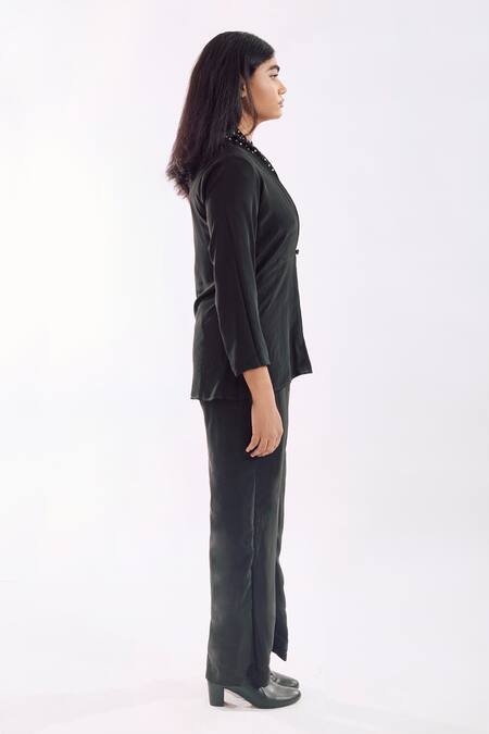 Shop Notsosure Black Georgette, Satin Embroidery Open Neck Button Down Coord Pant Set Online at Aza Fashions Shop_Notsosure_Black Georgette, Satin Embroidery Open Neck Button Down Coord Pant Set _Online_at_Aza_Fashions