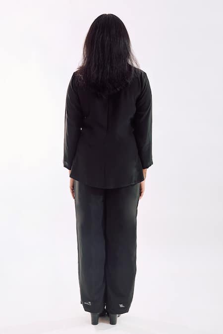 Shop Notsosure Black Georgette, Satin Embroidery Open Neck Button Down Coord Pant Set at Aza Fashions Shop_Notsosure_Black Georgette, Satin Embroidery Open Neck Button Down Coord Pant Set _at_Aza_Fashions