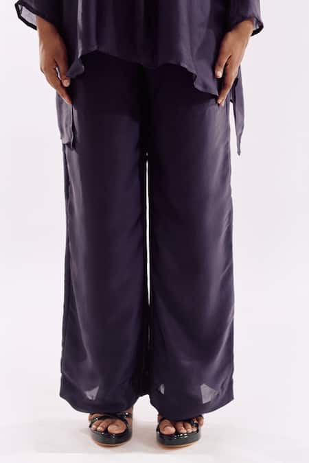 Notsosure Purple Georgette, Satin Collared Handmade Tassel Pant Set Online at Aza Fashions Notsosure_Purple Georgette, Satin Collared Handmade Tassel Pant Set _Online_at_Aza_Fashions