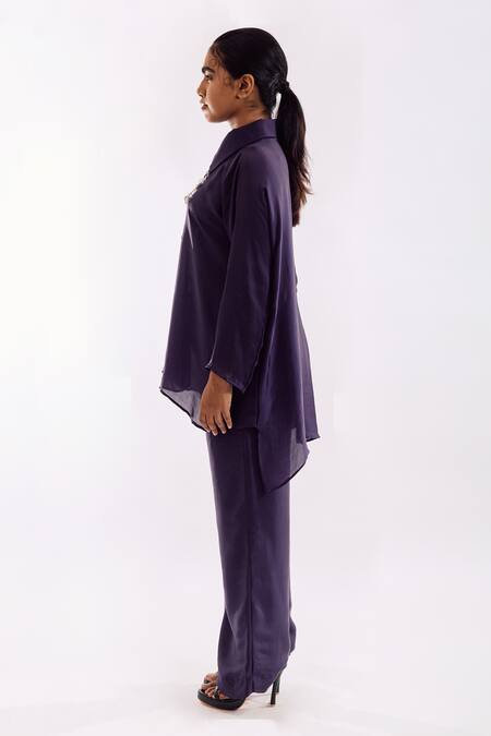 Buy Notsosure Purple Georgette, Satin Collared Handmade Tassel Pant Set Online at Aza Fashions Buy_Notsosure_Purple Georgette, Satin Collared Handmade Tassel Pant Set _Online_at_Aza_Fashions