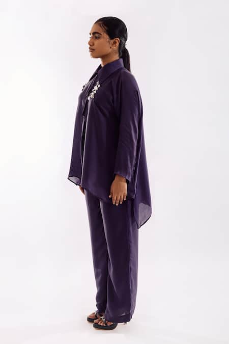 Shop Notsosure Purple Georgette, Satin Collared Handmade Tassel Pant Set Online at Aza Fashions Shop_Notsosure_Purple Georgette, Satin Collared Handmade Tassel Pant Set _Online_at_Aza_Fashions