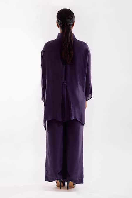 Shop Notsosure Purple Georgette, Satin Collared Handmade Tassel Pant Set at Aza Fashions Shop_Notsosure_Purple Georgette, Satin Collared Handmade Tassel Pant Set _at_Aza_Fashions