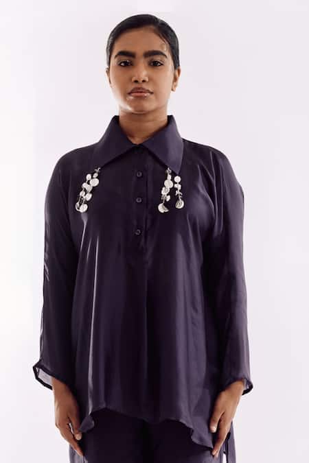 Notsosure Purple Georgette, Satin Collared Handmade Tassel Pant Set at Aza Fashions Notsosure_Purple Georgette, Satin Collared Handmade Tassel Pant Set _at_Aza_Fashions