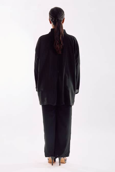 Shop Notsosure Black Georgette, Satin Tassels Collared Hand-made Pant Set at Aza Fashions Shop_Notsosure_Black Georgette, Satin Tassels Collared Hand-made Pant Set _at_Aza_Fashions