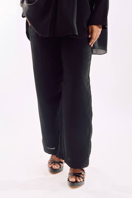 Notsosure Black Georgette, Satin Tassels Collared Hand-made Pant Set Online at Aza Fashions Notsosure_Black Georgette, Satin Tassels Collared Hand-made Pant Set _Online_at_Aza_Fashions