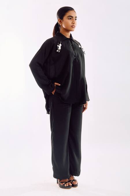 Shop Notsosure Black Georgette, Satin Tassels Collared Hand-made Pant Set Online at Aza Fashions Shop_Notsosure_Black Georgette, Satin Tassels Collared Hand-made Pant Set _Online_at_Aza_Fashions