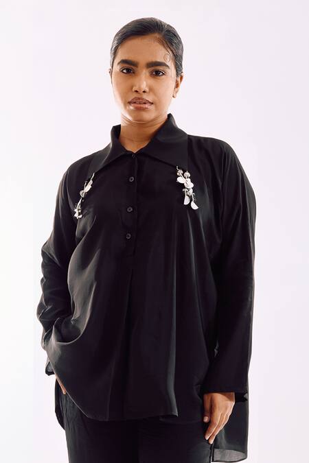 Notsosure Black Georgette, Satin Tassels Collared Hand-made Pant Set at Aza Fashions Notsosure_Black Georgette, Satin Tassels Collared Hand-made Pant Set _at_Aza_Fashions