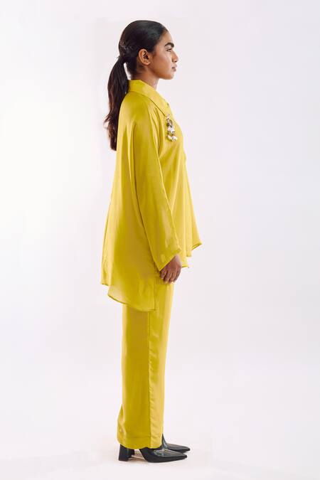 Buy_Notsosure_Green Georgette, Satin Tassels Collared Detail Pant Set _Online_at_Aza_Fashions