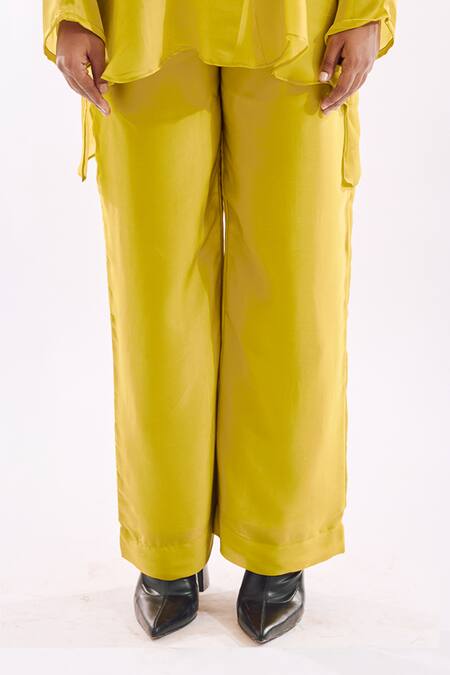 Shop_Notsosure_Green Georgette, Satin Tassels Collared Detail Pant Set _Online_at_Aza_Fashions