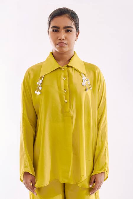 Notsosure_Green Georgette, Satin Tassels Collared Detail Pant Set _at_Aza_Fashions