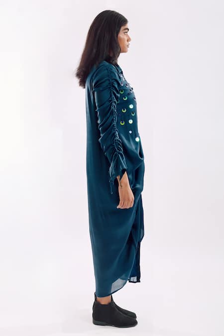Notsosure_Blue Georgette, Satin Sequins Round Neck Draped Midi Dress _Online_at_Aza_Fashions