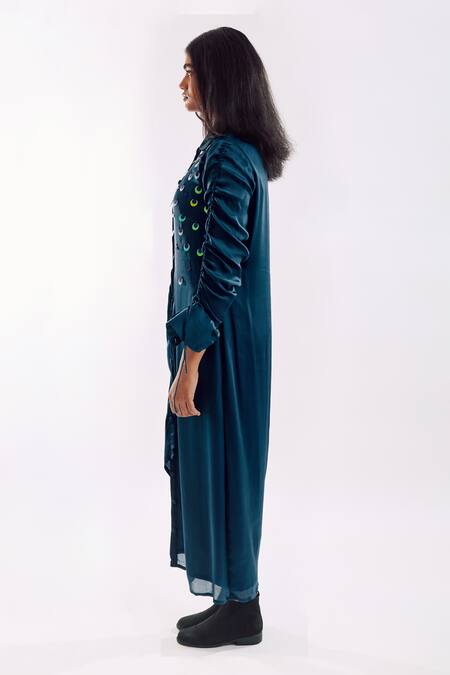 Buy_Notsosure_Blue Georgette, Satin Sequins Round Neck Draped Midi Dress _Online_at_Aza_Fashions