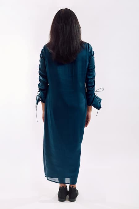 Shop_Notsosure_Blue Georgette, Satin Sequins Round Neck Draped Midi Dress _at_Aza_Fashions