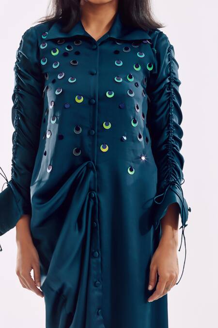 Shop_Notsosure_Blue Georgette, Satin Sequins Round Neck Draped Midi Dress _Online_at_Aza_Fashions