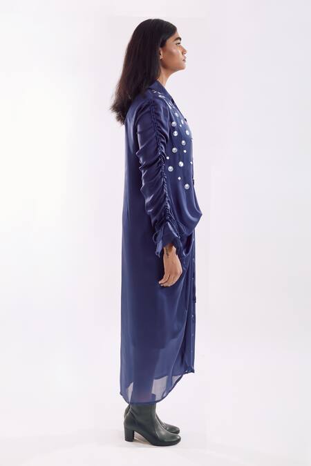 Notsosure_Navy Georgette, Satin Sequins Collared Draped Dress _Online_at_Aza_Fashions