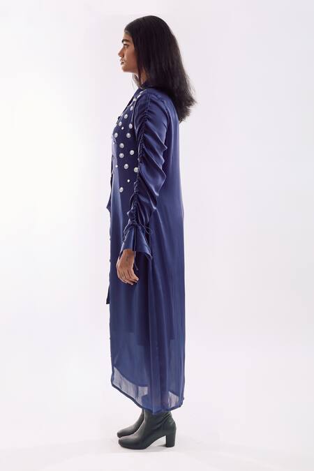 Buy_Notsosure_Navy Georgette, Satin Sequins Collared Draped Dress _Online_at_Aza_Fashions