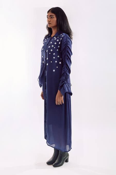 Shop_Notsosure_Navy Georgette, Satin Sequins Collared Draped Dress _Online_at_Aza_Fashions