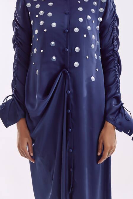 Notsosure_Navy Georgette, Satin Sequins Collared Draped Dress _at_Aza_Fashions