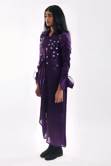 Buy Notsosure Purple Georgette, Satin Sequins Collared Draped Dress Online at Aza Fashions Buy_Notsosure_Purple Georgette, Satin Sequins Collared Draped Dress _Online_at_Aza_Fashions