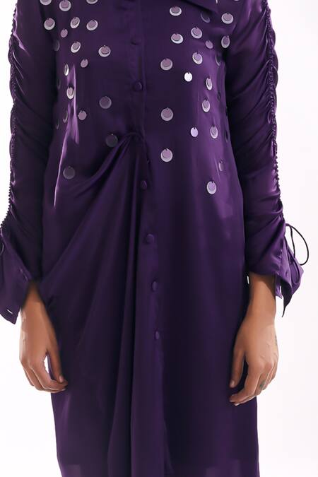 Shop Notsosure Purple Georgette, Satin Sequins Collared Draped Dress Online at Aza Fashions Shop_Notsosure_Purple Georgette, Satin Sequins Collared Draped Dress _Online_at_Aza_Fashions