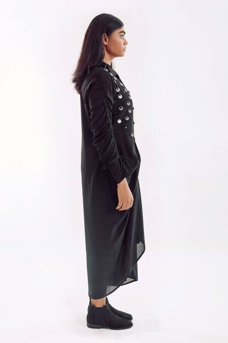 Notsosure Black Georgette, Satin Sequins Collared Draped Midi Dress Online at Aza Fashions Notsosure_Black Georgette, Satin Sequins Collared Draped Midi Dress _Online_at_Aza_Fashions