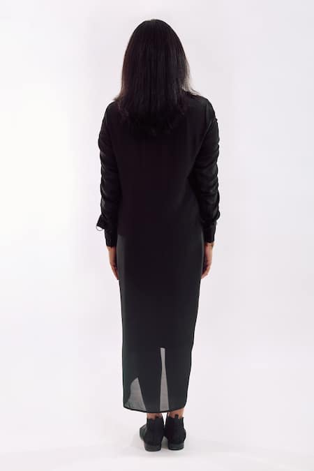 Shop Notsosure Black Georgette, Satin Sequins Collared Draped Midi Dress at Aza Fashions Shop_Notsosure_Black Georgette, Satin Sequins Collared Draped Midi Dress _at_Aza_Fashions