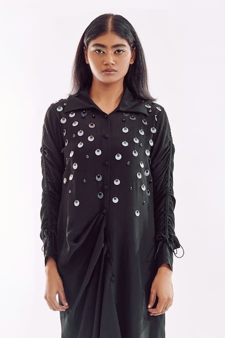 Shop Notsosure Black Georgette, Satin Sequins Collared Draped Midi Dress Online at Aza Fashions Shop_Notsosure_Black Georgette, Satin Sequins Collared Draped Midi Dress _Online_at_Aza_Fashions