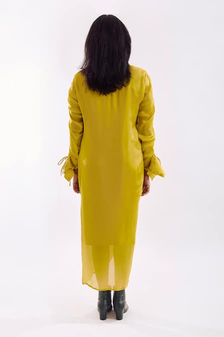 Shop_Notsosure_Lime Georgette Sequins Collared Draped Midi Dress _at_Aza_Fashions