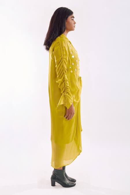 Notsosure_Lime Georgette Sequins Collared Draped Midi Dress _Online_at_Aza_Fashions