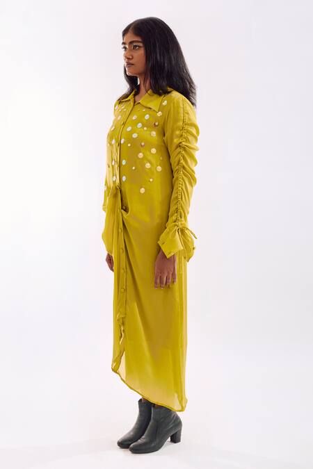 Shop_Notsosure_Lime Georgette Sequins Collared Draped Midi Dress _Online_at_Aza_Fashions
