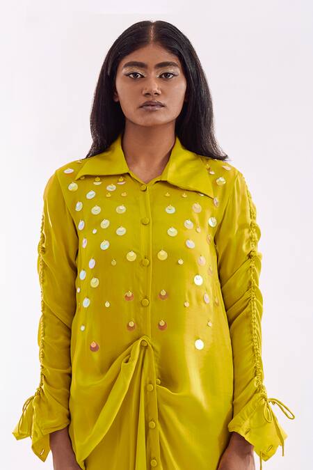 Notsosure_Lime Georgette Sequins Collared Draped Midi Dress _at_Aza_Fashions
