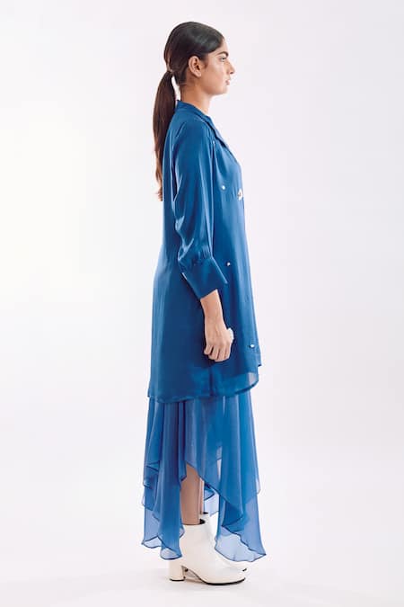 Notsosure_Blue Georgette, Satin Sequins Collared Organza Jacket Dress _Online_at_Aza_Fashions