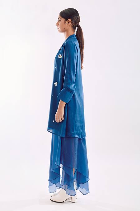 Buy_Notsosure_Blue Georgette, Satin Sequins Collared Organza Jacket Dress _Online_at_Aza_Fashions