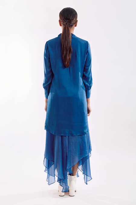 Shop_Notsosure_Blue Georgette, Satin Sequins Collared Organza Jacket Dress _at_Aza_Fashions