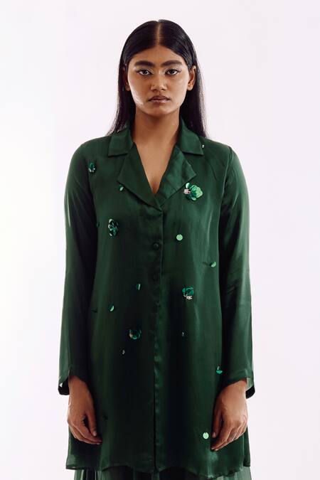 Notsosure_Green Georgette, Satin Sequins Collared, Round Neck Organza Jacket Dress _Online_at_Aza_Fashions
