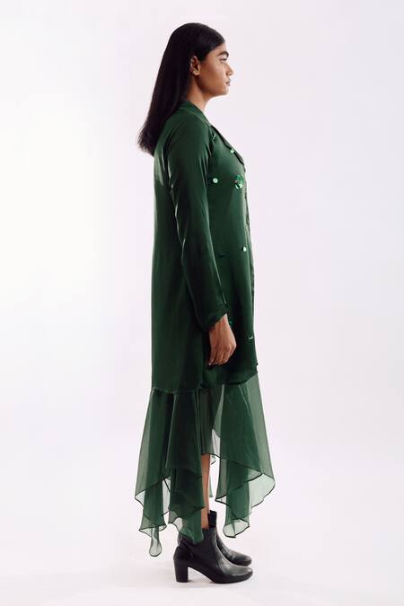 Buy_Notsosure_Green Georgette, Satin Sequins Collared, Round Neck Organza Jacket Dress _Online_at_Aza_Fashions
