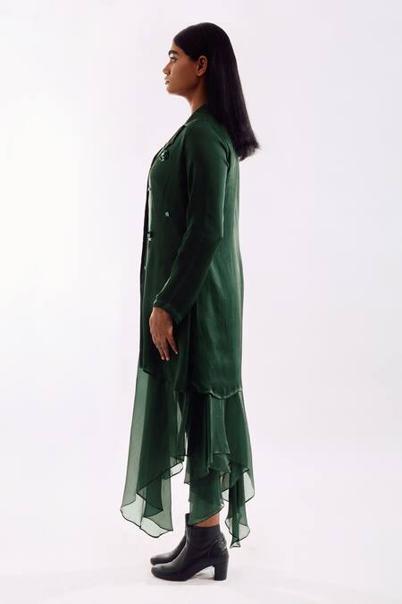 Shop_Notsosure_Green Georgette, Satin Sequins Collared, Round Neck Organza Jacket Dress _Online_at_Aza_Fashions