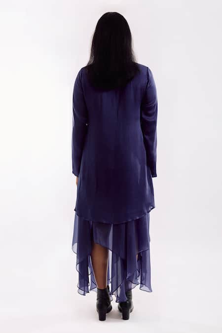 Shop Notsosure Navy Georgette, Satin Sequins, Embroidery Collared Indigo Organza Jacket Dress at Aza Fashions Shop_Notsosure_Navy Georgette, Satin Sequins, Embroidery Collared Indigo Organza Jacket Dress _at_Aza_Fashions