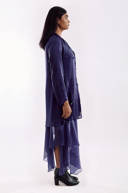 Notsosure Navy Georgette, Satin Sequins, Embroidery Collared Indigo Organza Jacket Dress Online at Aza Fashions Notsosure_Navy Georgette, Satin Sequins, Embroidery Collared Indigo Organza Jacket Dress _Online_at_Aza_Fashions